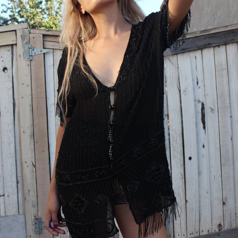 Black Beaded Fringe V-Neck Women's Jacket